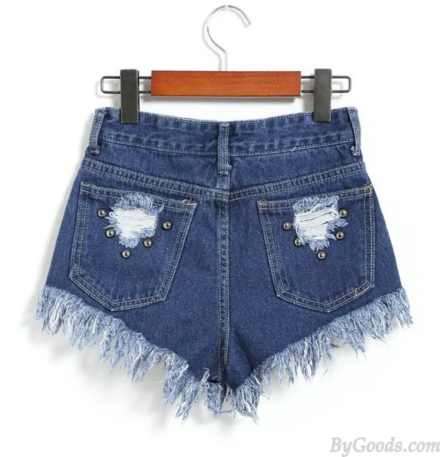 High Waist Denim Shorts with Riveted Details and Frayed Edges for Women