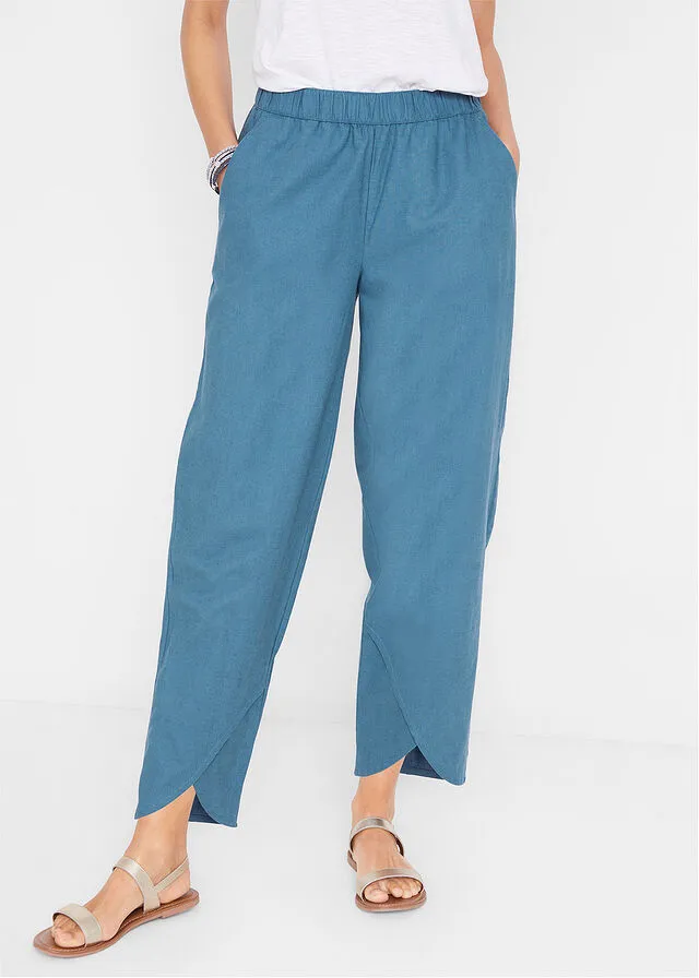 Denim Blue Linen Capri Pants with Comfortable Waistband and Loose Fit