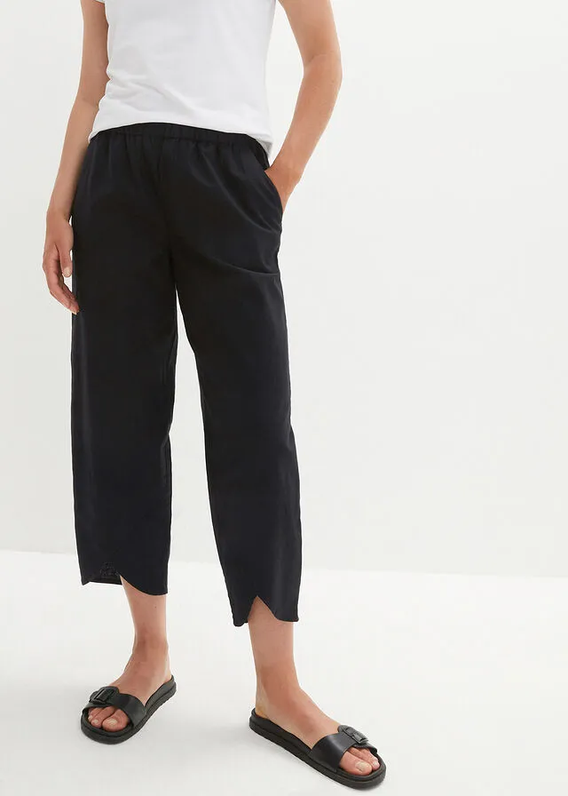 Black Linen Capri Pants with Comfortable Waist and Loose Fit