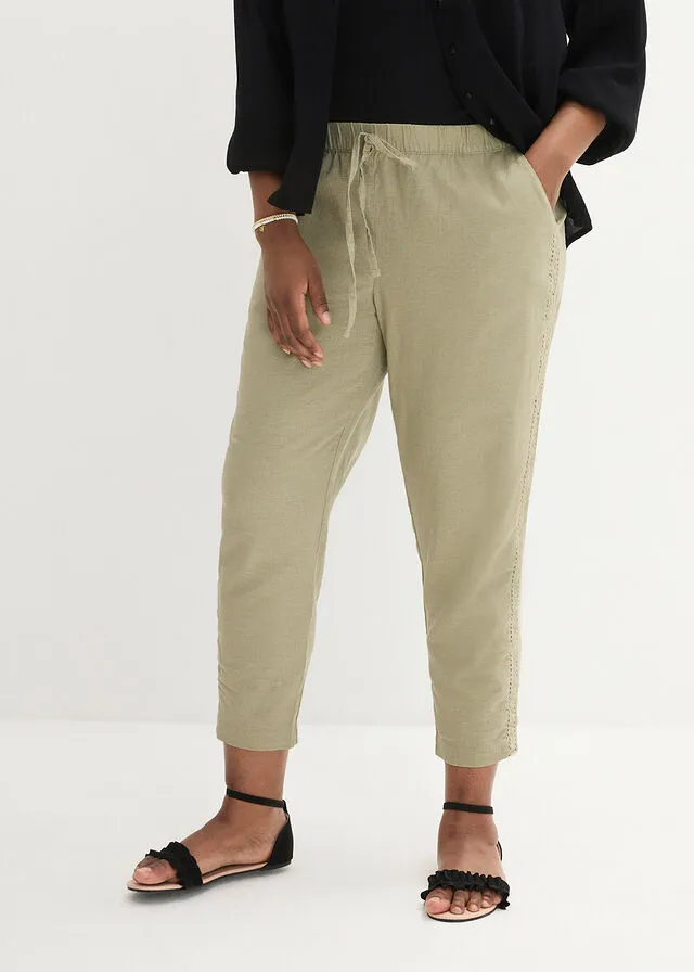 New Khaki Linen Pants with Side Lace Detail, Ankle-Length