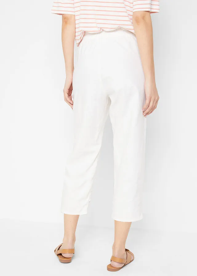 High-Waisted 3/4 Length Linen Pants with Comfortable Waist White