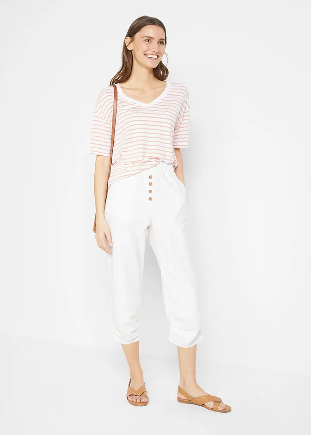 High-Waisted 3/4 Length Linen Pants with Comfortable Waistband in White