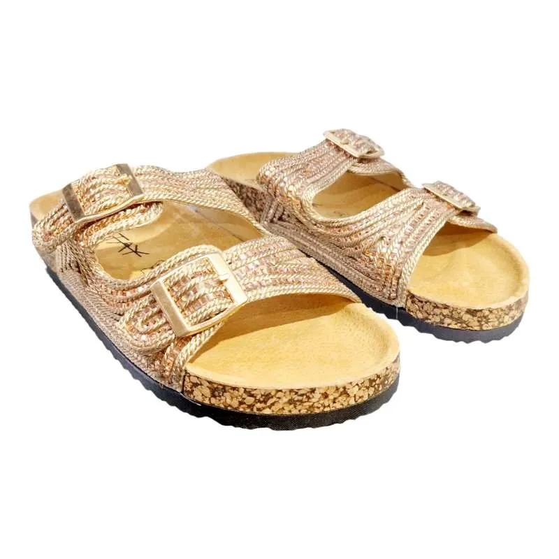 Women's Gold Double Buckle Crystal Sandals