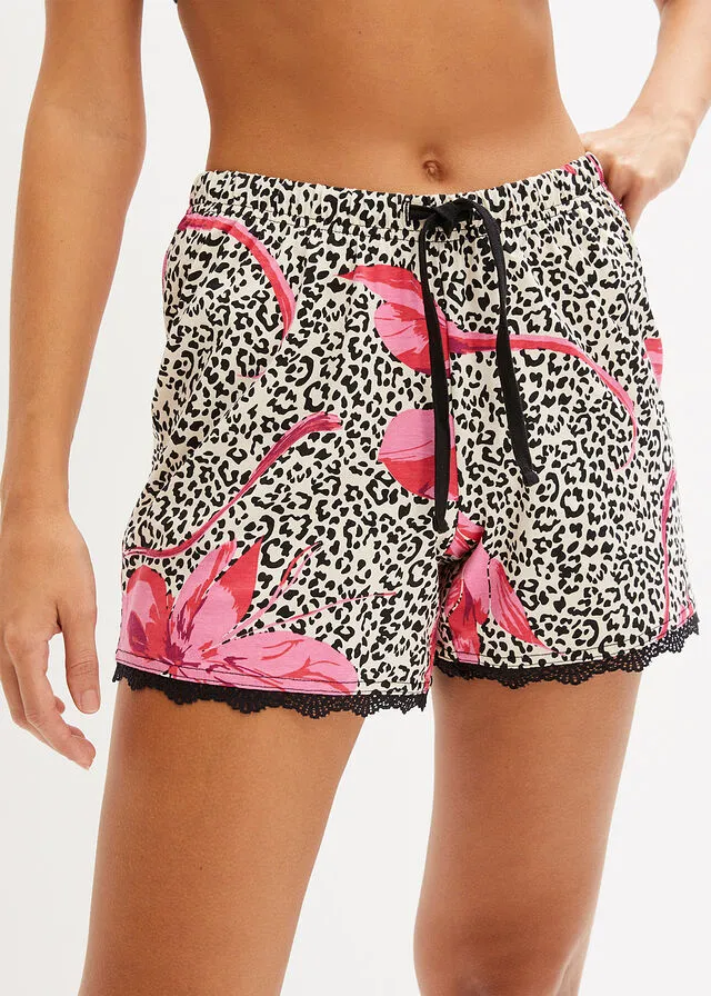 Short Black-Pink Hibiscus Print Pajama Shorts