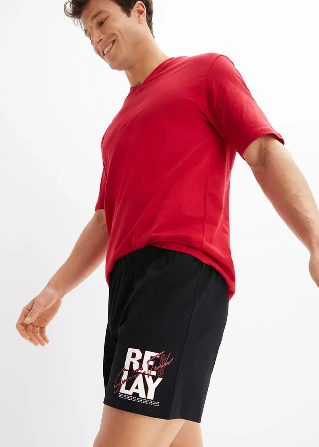Short black/dark orange/dark red pajamas.